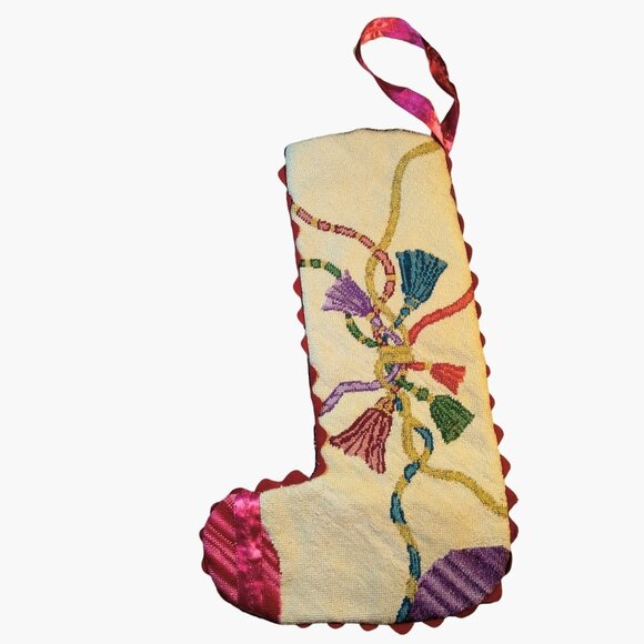 Christmas Stocking Needlepoint Tassel Polar Bear Design Vintage Handmade - Picture 1 of 5